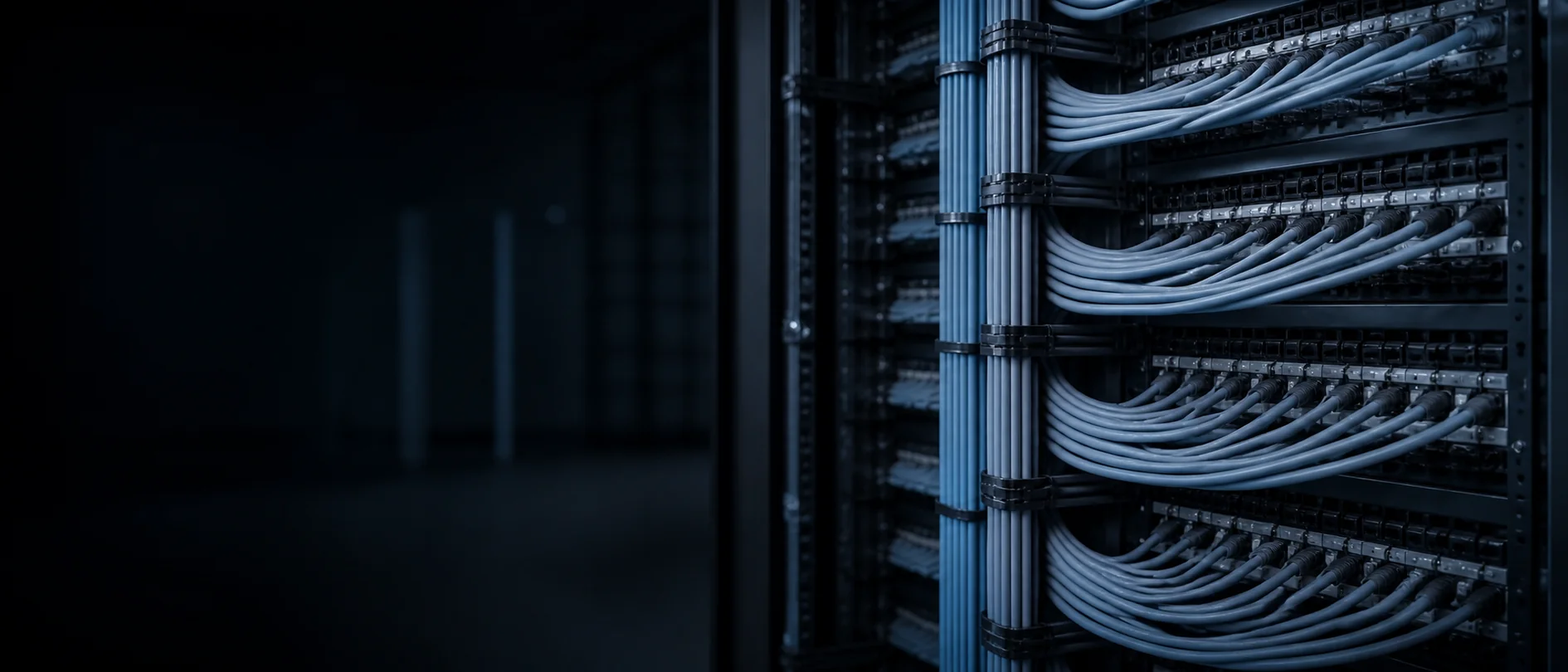 Ordered blue patch cables connected to enterprise network panels.