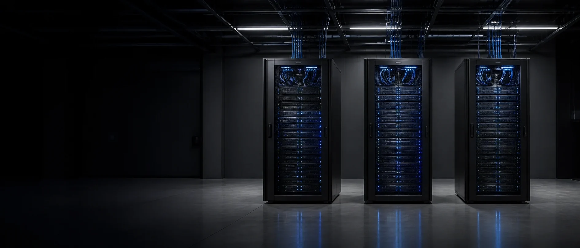 Three identical server racks standing in a row, showing capacity repeated at scale.