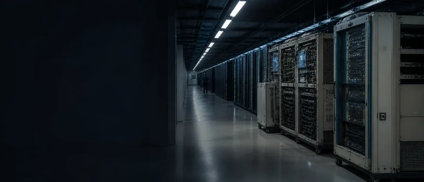 A data center corridor lined with server racks.