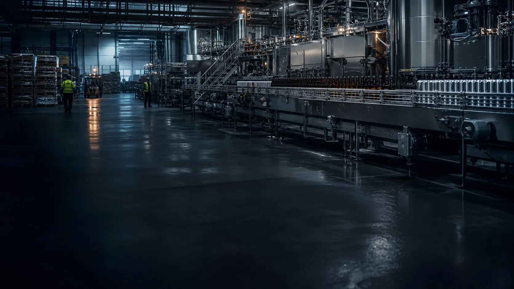 A bottling line and operators on a beverage production floor.
