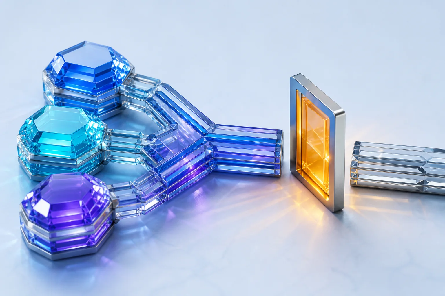 Blue, violet and cyan agent modules converge at an amber review barrier before the execution path.