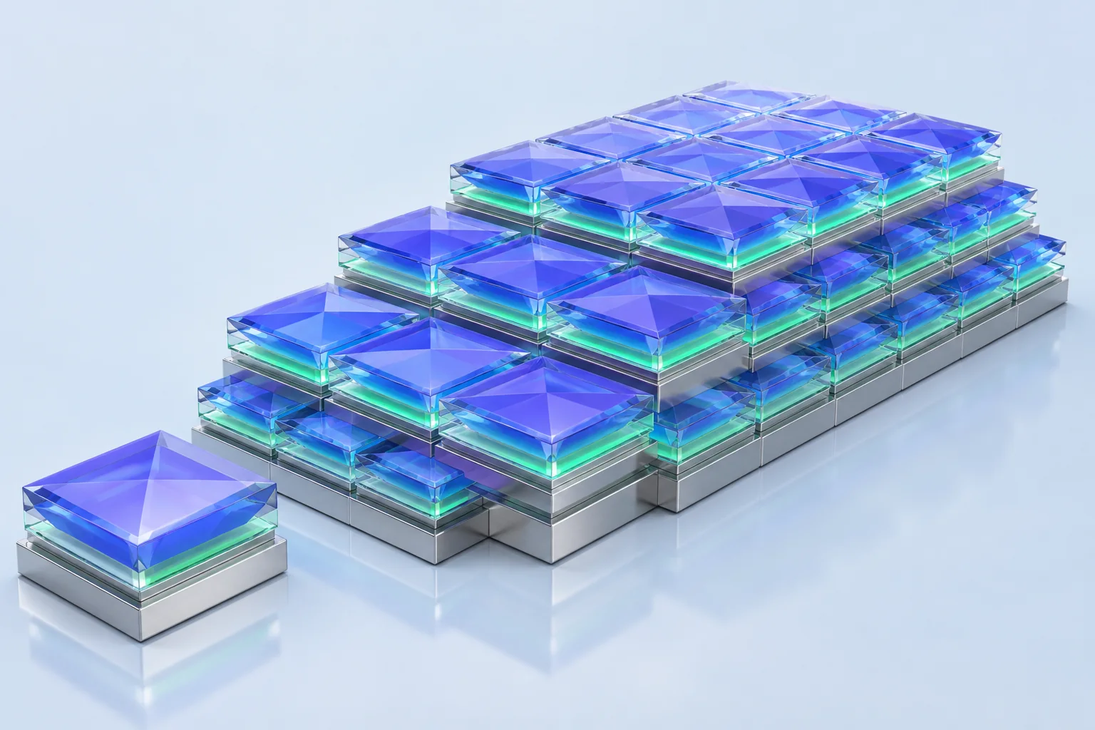 Blue, violet and cyan glass modules repeat into a larger structure, showing expansion after evidence review.
